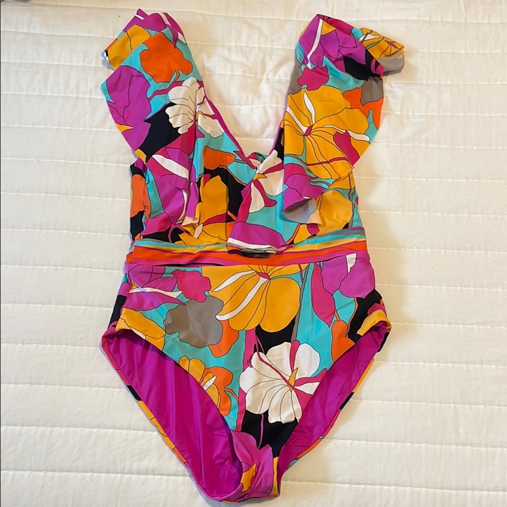 Trina Turk Orange and Purple One Piece Swimsuit V-Neck High-Cut
